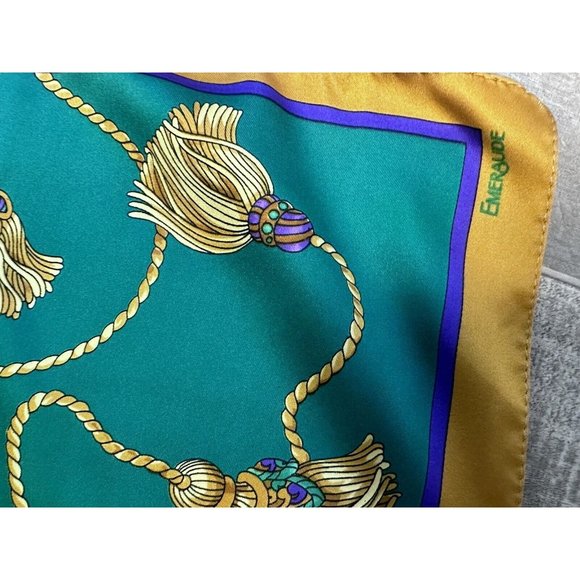 Vintage Emeraude Large Tassel Green Gold Purple Scarf Shawl - Picture 5 of 8